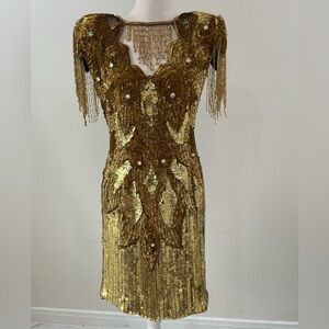 Sequins Originals Vintage Gold Sequin Fringe Evening Dress Showstopper Gown